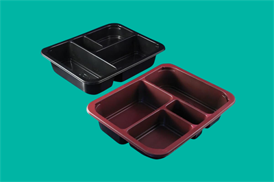 БЕНТО Лоток под запайку 227*178*45 4 секции,  РР КРАСНЫЙ + ЧЕРНЫЙ (320шт) 2033